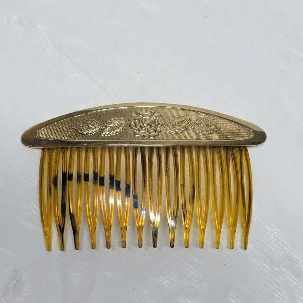 Vintage Art Deco Hair Comb Side Pick Floral Metal Accent USA 60s Boho Hippie